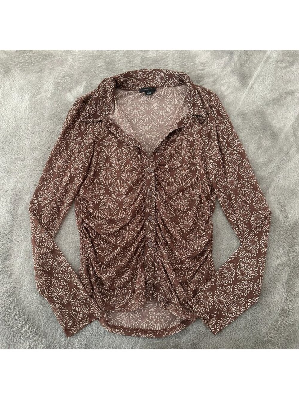 Halogen Brown Sheer Mesh Button Up Collared Shirt Blouse MEDIUM